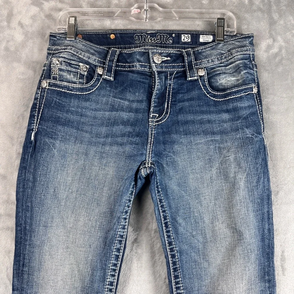 Miss Me Mid Rise Skinny Jeans Blue Denim Embellished Pocket MP8856S Size 29
